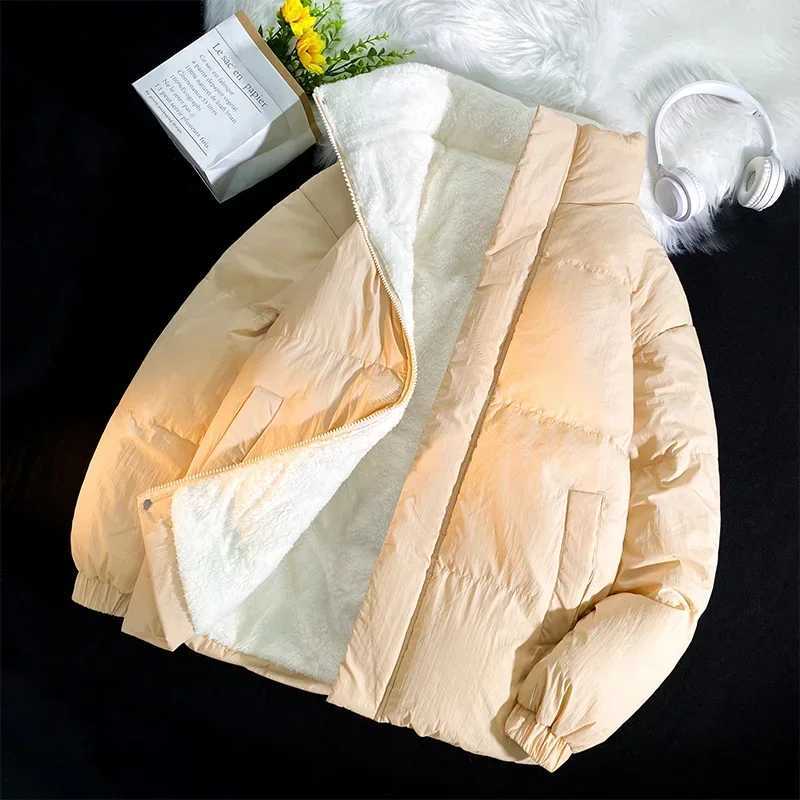 Green Puffer Jacket Men Style Winter Lamb Wool Stand Up Collar Casual Jackets Men Thick Warm Coats Streetwear Solid Color Jacket LX241009