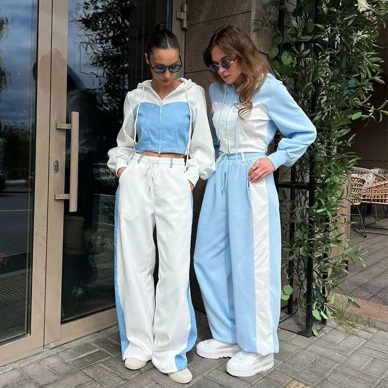 Casual Comparison Brushed Hoodie Set Womens Ultra Thin Zipper Crop Coat Loose Wide Leg Pants Autumn Track and Field Wear 241007