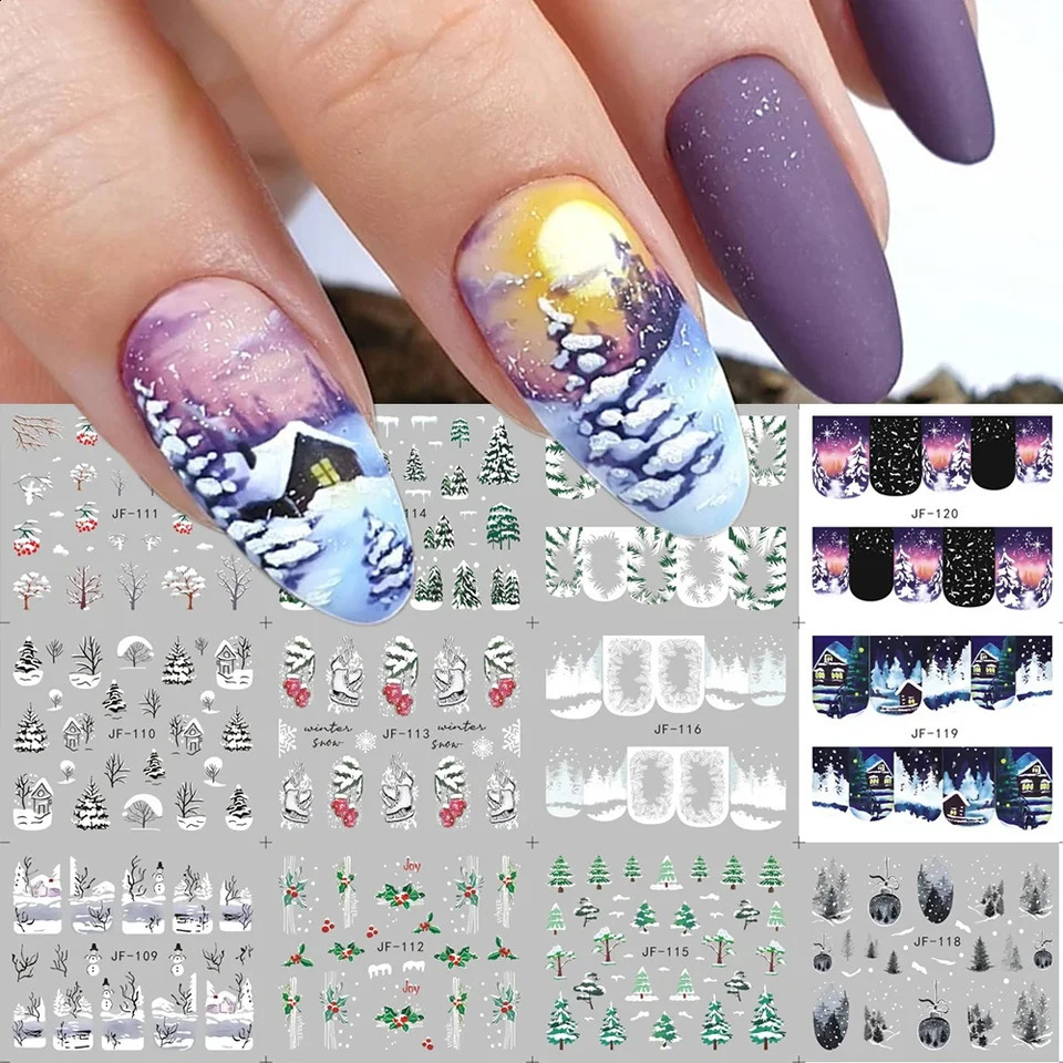 Christmas water nail stickers winter forest nail stickers snow trees Year decorations transfer slider 241008