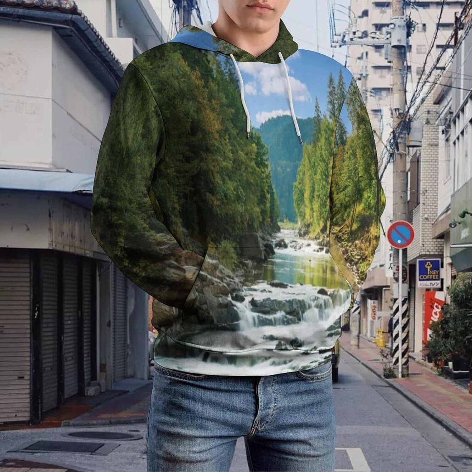 Hoodie for Mens Womens Mens Unisex Novelty Hoodies Shore of Seventh Lake Tree Sunbeam at Sunset Water Reflection Hooded Sweatshirt Graphic Pullover Lo