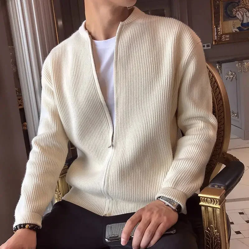 Mens hoodless knitted cardigan mens zipper solid color Harajuku aesthetic Y2k Korean clothing jacket top 241007