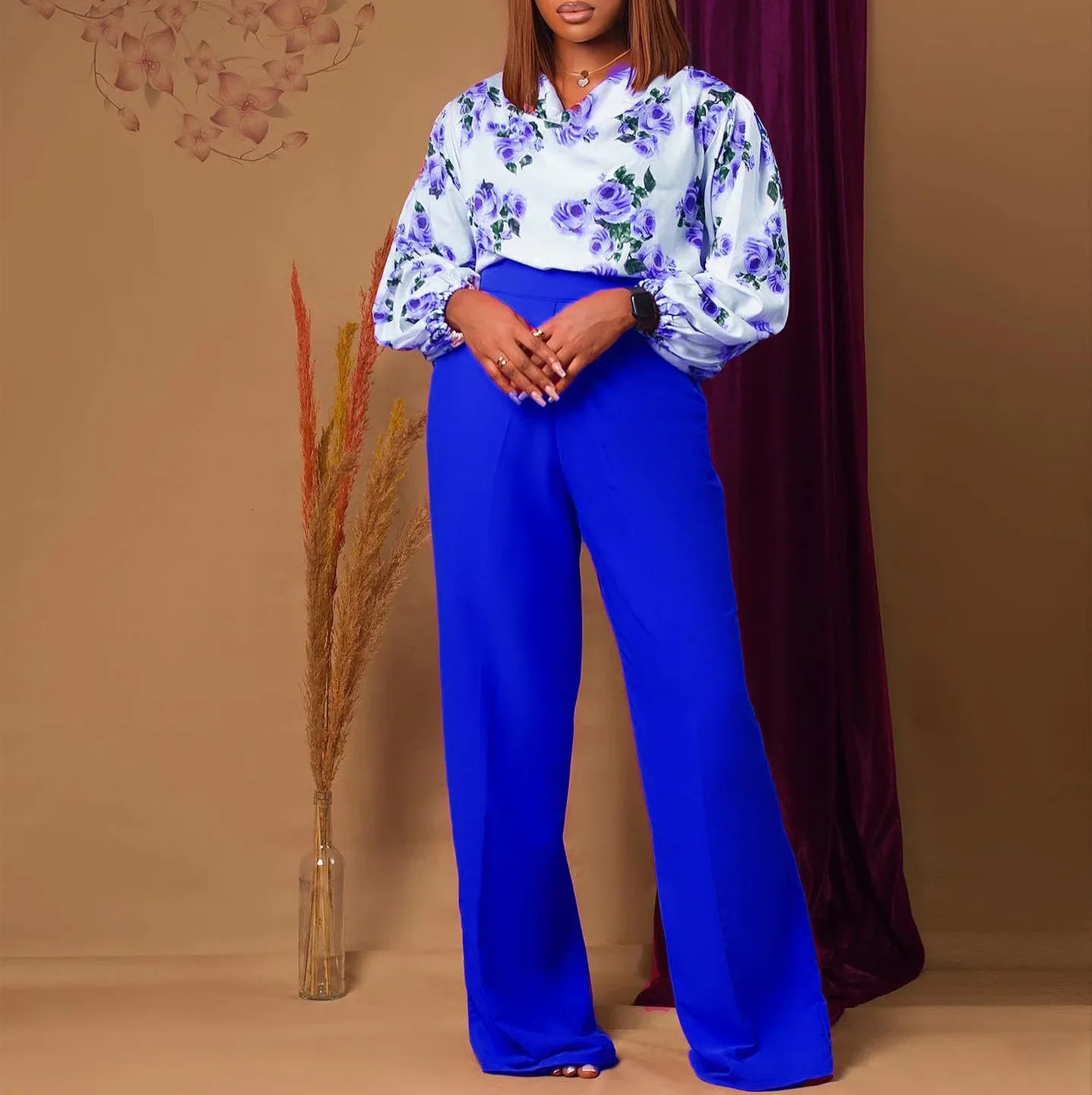 2piece womens fashion printed topwide leg pants OL matching set 241008