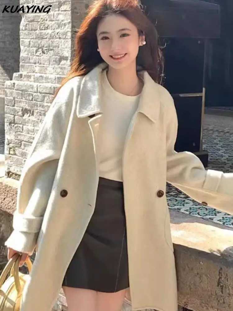 Autumn Winter Solid Woolen Coats for Women Loose Midi Wool Jackets Overcoat Fashion Female Outerwears Streetwear Warm Cloak NewX241009