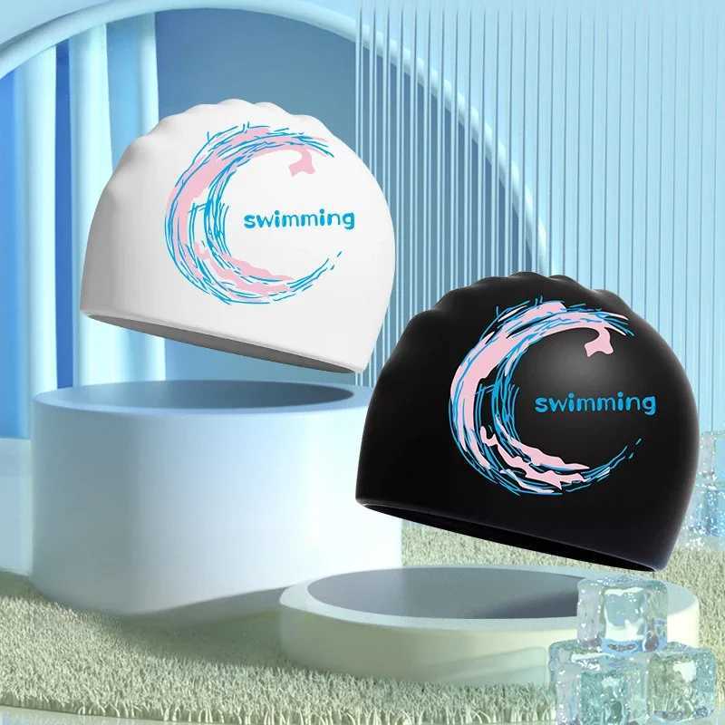Printed swimming cap universal large-sized adult silicone swimming cap suitable for women men long hair ear protection adult swimming cap CL241009