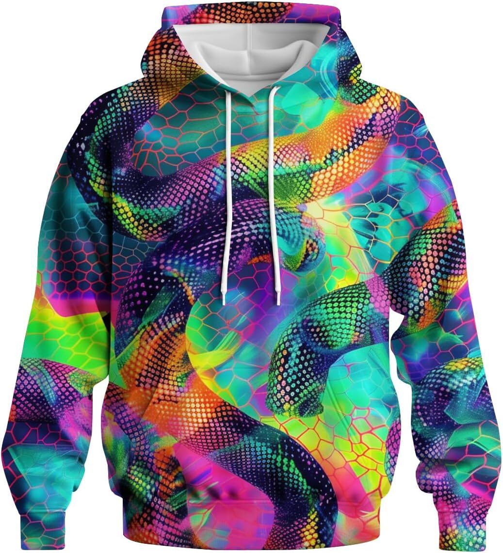 Hoodie for Mens Womens Mens Neon Hoodies Colorful Graphic Hooded Fashion Snake Print Long Sleeve Pullover Sweatshirt With Pocket Graphic