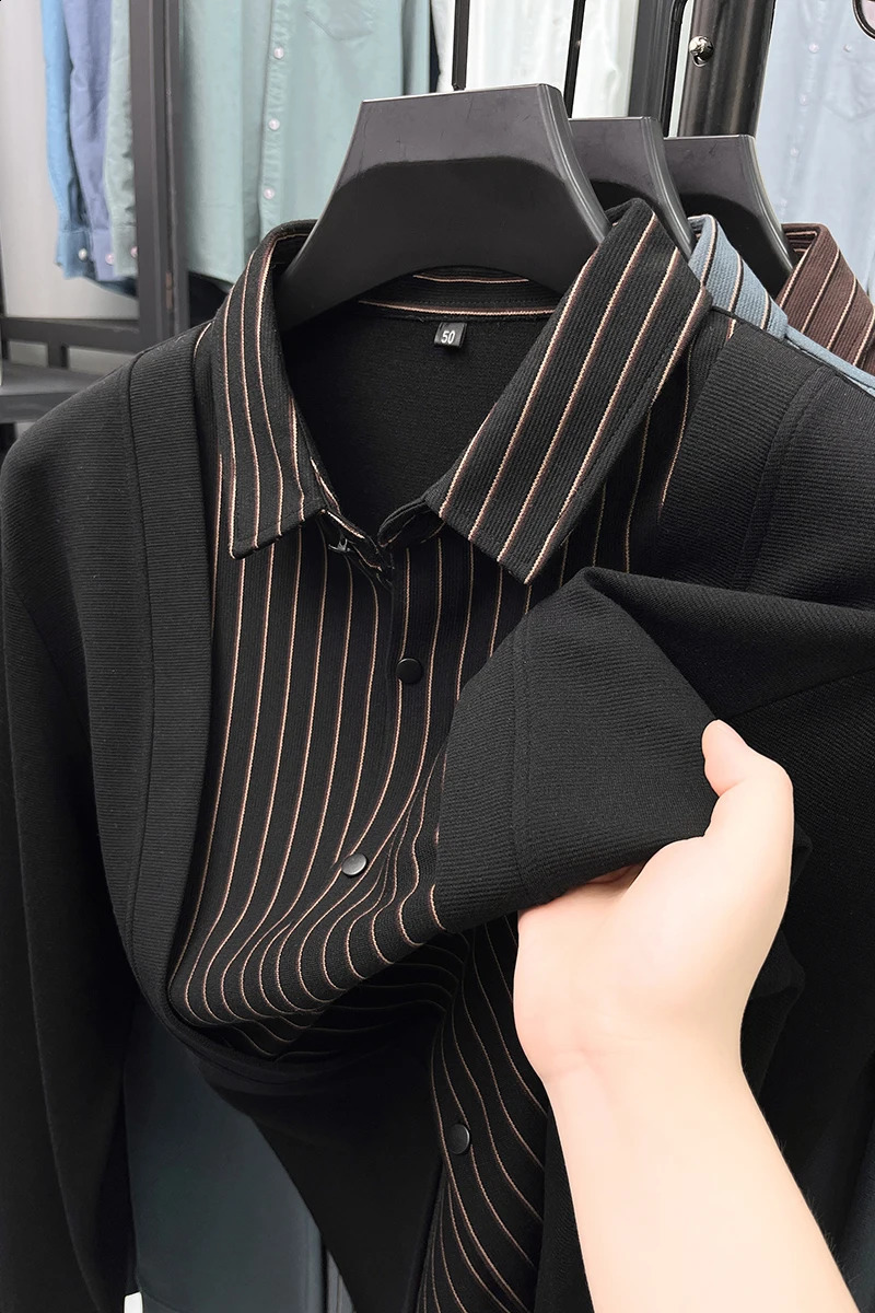 Fashion patchwork shirt collar knitted cardigan sweater mens autumn and winter high-end Korean striped casual sweater jacket 241007
