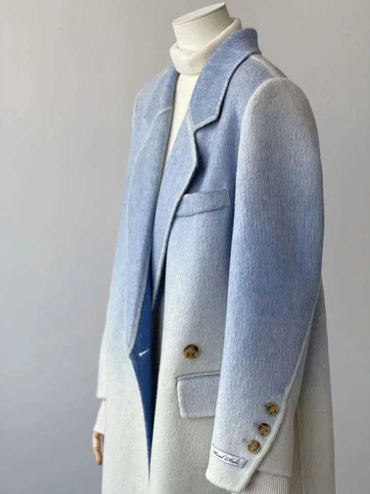 2024 Winter Women Vintage Long Woolen Coat Fashion Long Sleeve Jackets Chic Gradient Outerwear Korean Ladies Casual OvercoatX241009