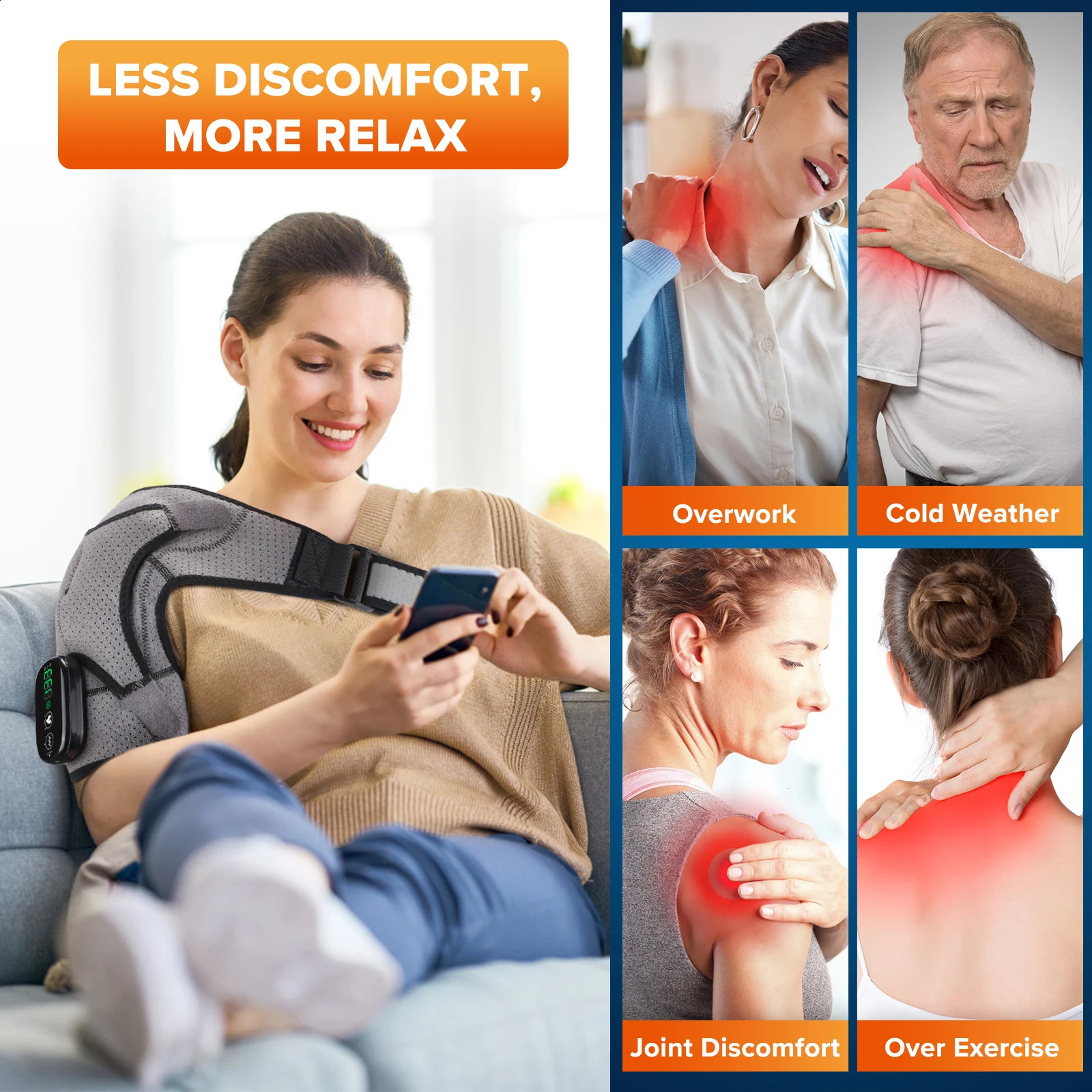 Electric heated shoulder massager bracket joint vibration arthritis pain relief LED intelligent controller adjustable support strap 241008