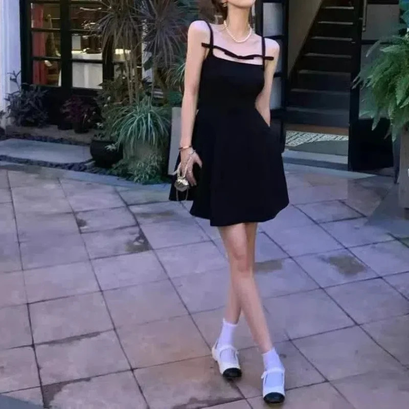 Full matching summer solid color pullout womens clothing Camisol slant neck mini skiing ALine aesthetic Korean fashion dress 241007