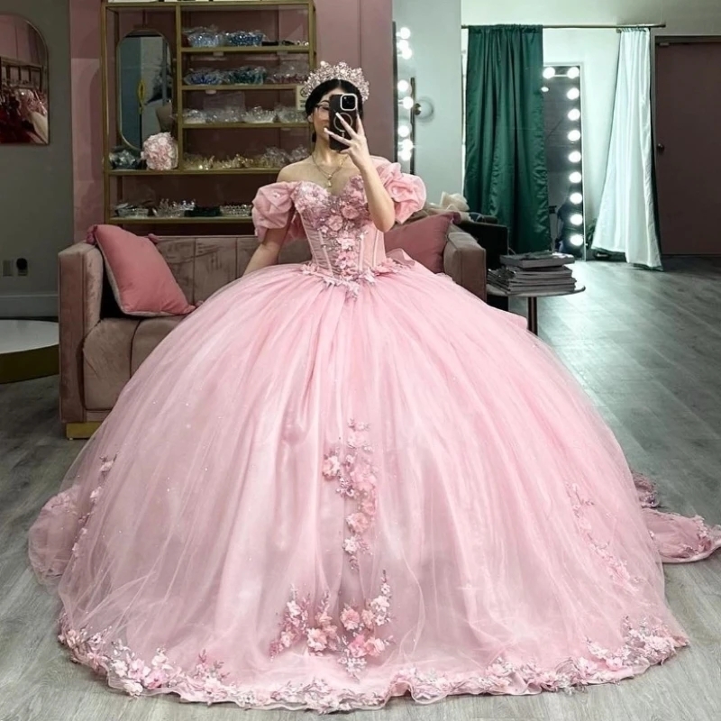 Pink Sweetheart Ball Gown Quinceanera Dresses Off The Shoulder Beads Appliques Flower Birthday Party Gowns Vestidos De 15 Anos Sweet 16 Dress
