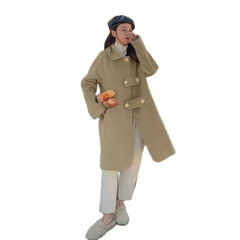 Woolen Coat With Large Button Lapel Design Haze Blue Solid Color WomenS Mid-Length 2024 Winter New Woolen CoatX241009