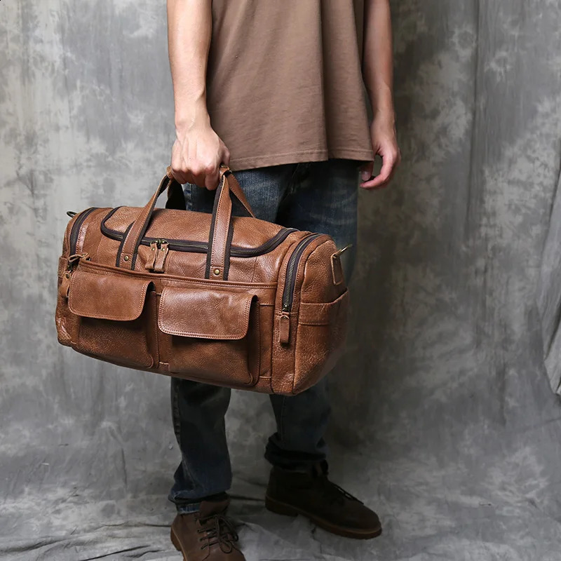 Retro large capacity mens top denim travel bag leather cross body bag handheld short distance luggage bag 240925