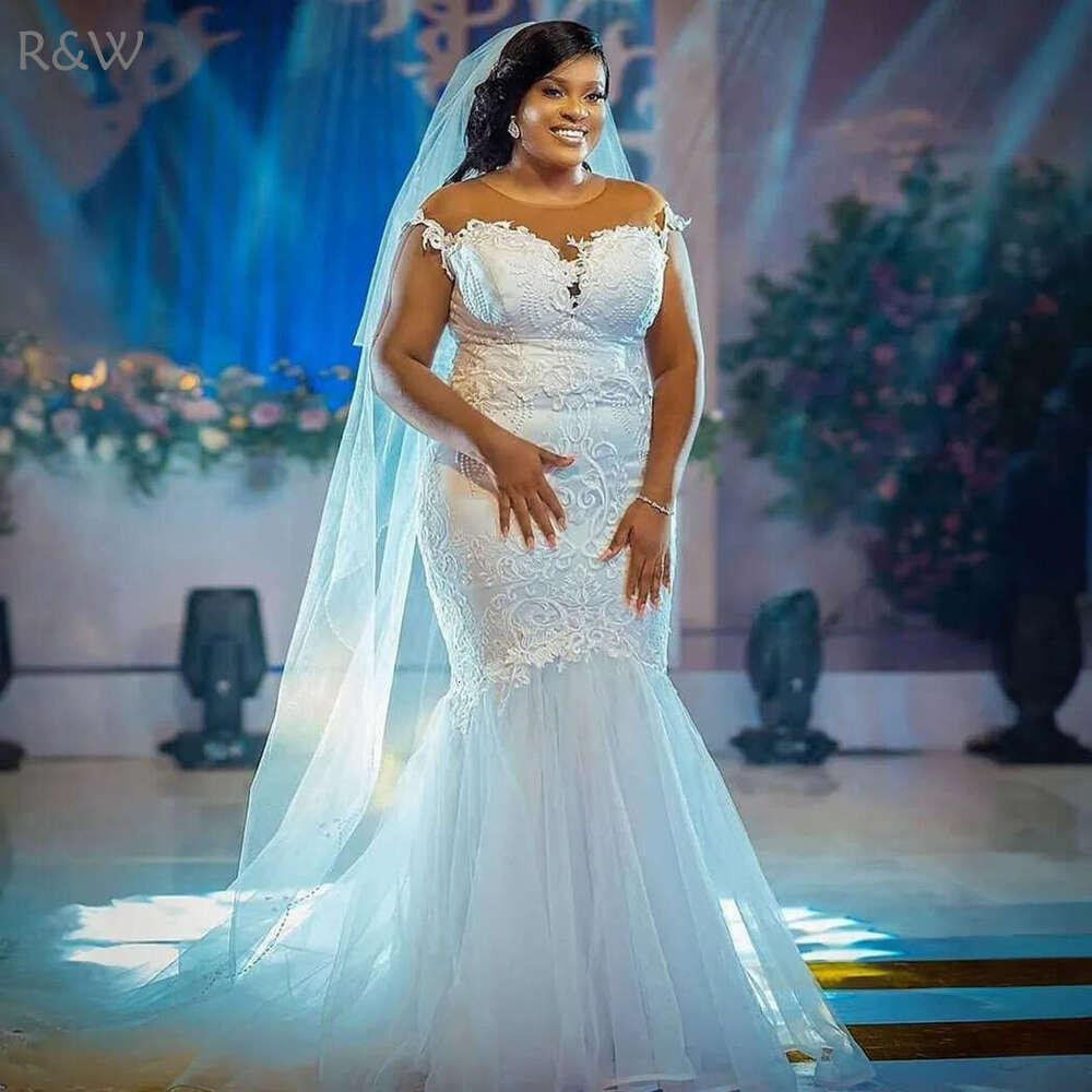 R&W African Mermaid Bride Illusion Sheer Neck Short Sleeves Bridal for Black Women Girls Tulle Marriage Dress Beach Wedding Gowns D122