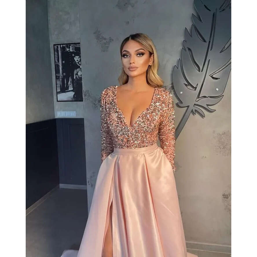 Dresses Blush Pink Prom With Pocket Sexy V Neck A E Split Evening Gowns Bgbg Sequined Top Satin Long Sleeve Vestidos Party Wears Bc15046 Vening Estido