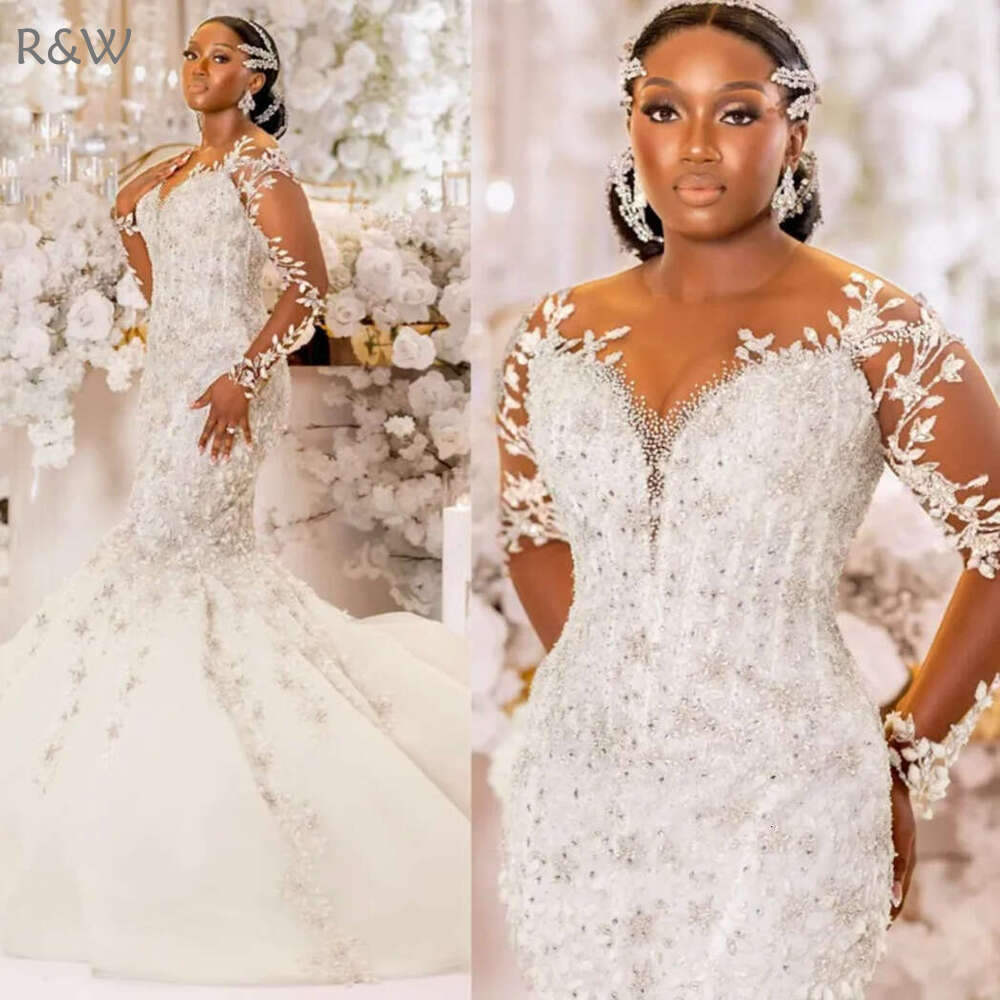 R&W Shine Plus Size Aso Ebi Wedding Dresses Sheer Neck Illusion Long Sleeves Tulle Lace Bridal Gowns for African Arabic Nigeria Black Women Mermaid Ma