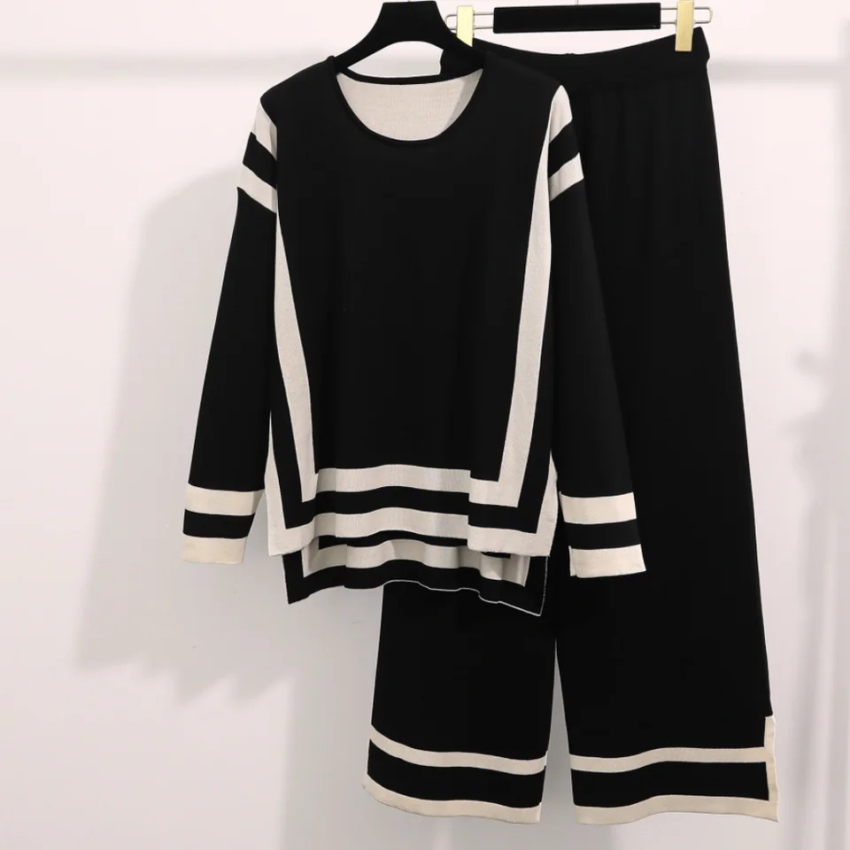 Womens Elegant Knitted Set Oneck Striped Splicing Long Sleeve Top Wide Leg Pants Office Casual Loose Sweater 241008