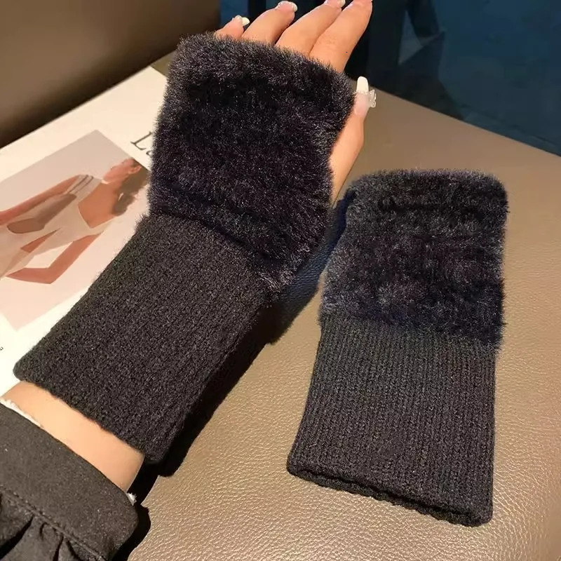 Winter touch screen plush warm gloves womens outdoor elastic fur wool half finger no gifts 241009