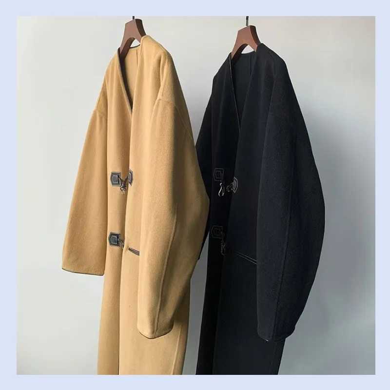 Autumn and winter Swedish leather buckle double-sided woolen loose retro hook elegant womens coat jacketX241009