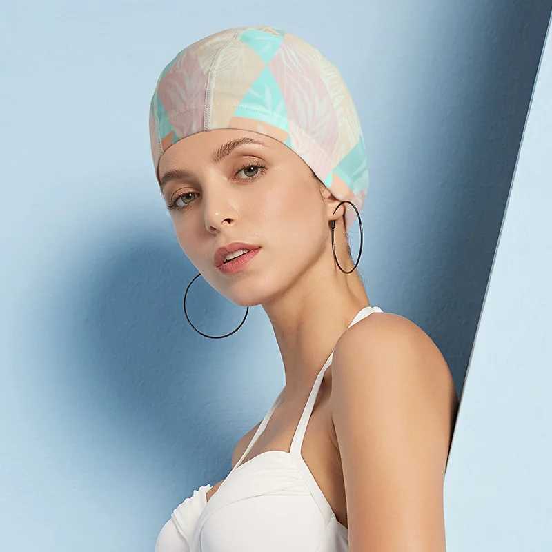 Adult printed fabric swimming cap womens waterproof earmuffs long hair swimming cap swimming pool accessories CL241009