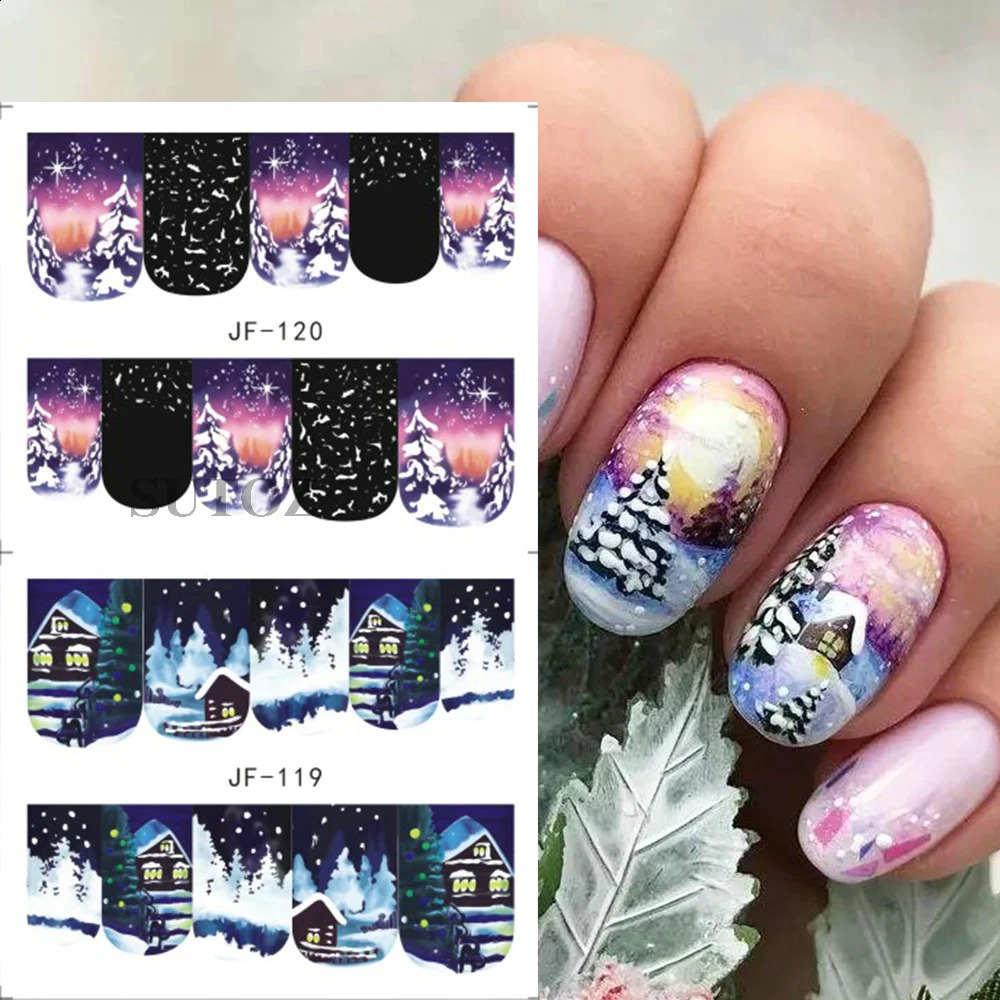 Christmas water nail stickers winter forest nail stickers snow trees Year decorations transfer slider 241008