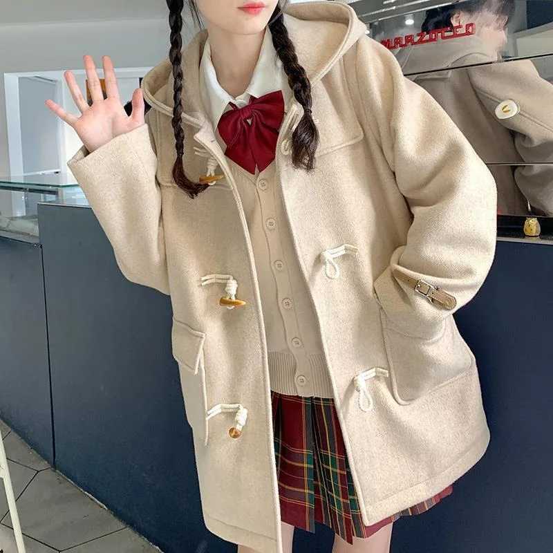 Womens 2023 Autumn/Winter New Japanese Thickened Woolen Coats Reduced Age Cow Horn Button Hooded Woolen Coats Womens ClothingX241009