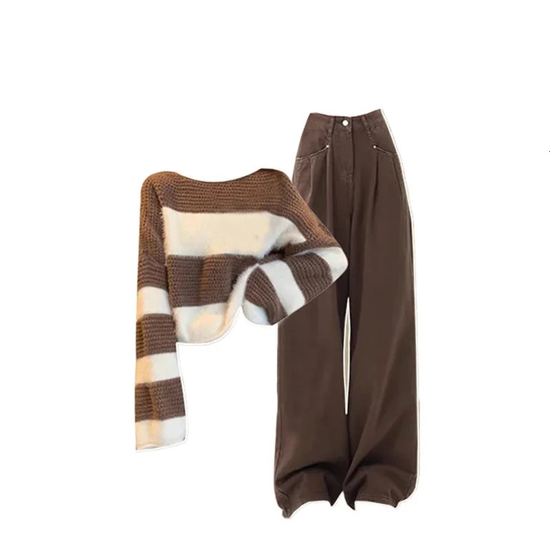 Womens Winter Set Loose Striped Tea Knitted Sweater High Waist Jeans Two Piece Clothing Pants 241008