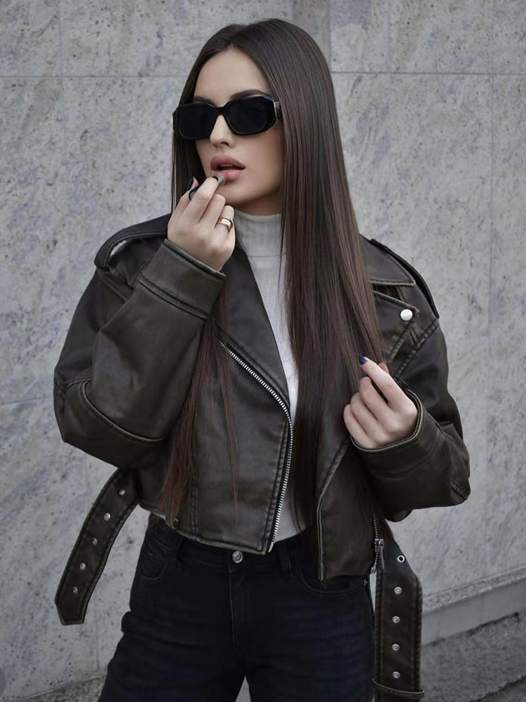 ZACK RAIN Women Faux With Belt Jacket 2022 Autumn Winter Ladies Leather Buckle Coat Vintage Zipper Female Chic Outwear