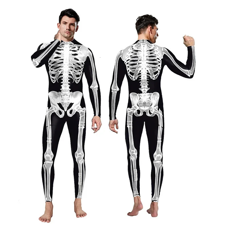 Halloween costume mens role-playing skeleton jumpsuit Zentai set horror 3D skeleton carnival fancy dress party punk bodysuit 241009