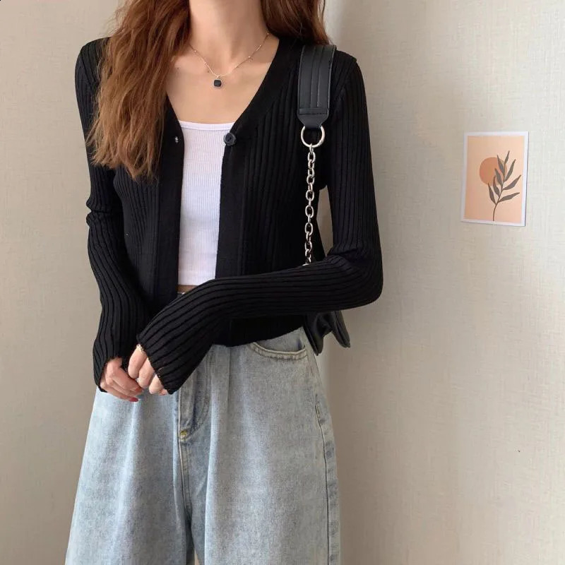 Xpqbb Knitted Cardigan for Women Korean Chic Single Buckle Cropped Cardigans Woman Autumn Ribbed Long Sleeve Vneck Sweater Coat 241007