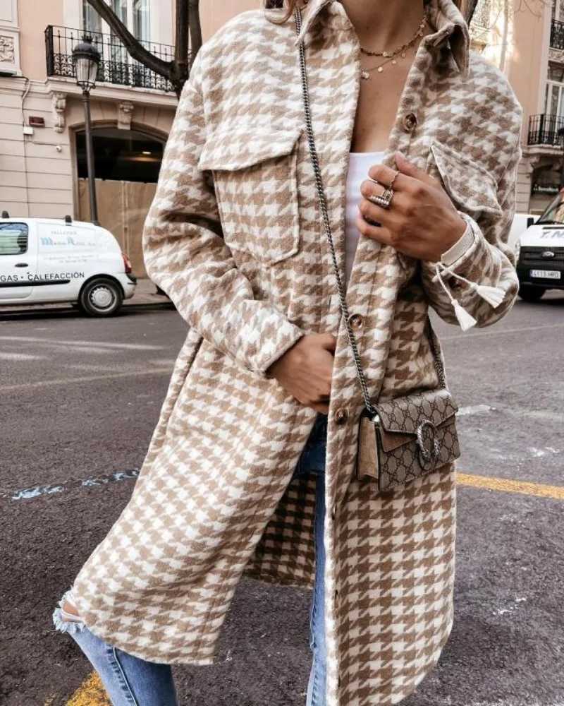 Womens Clothing Autumn and Winter New Fashion Commuter Houndstooth Printed Woolen JacketX241009