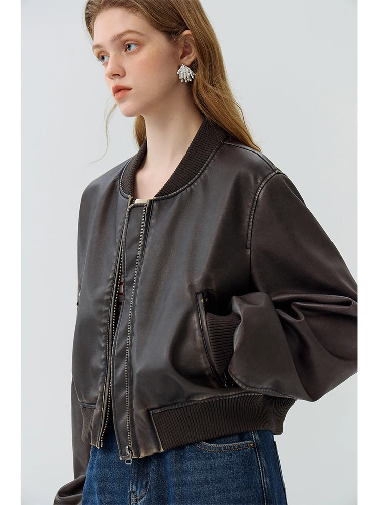 FSLE Brown Retro Baseball Uniform n Womens Leather Jacket Collar Chain Short Coat Loose Pu Leather Full Set Jacket 240930