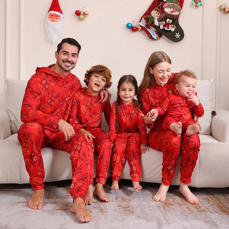 Family reindeer ear muffs one-piece jumpsuit adult and childrens clothing set pajamas Christmas appearance pajamas 241007