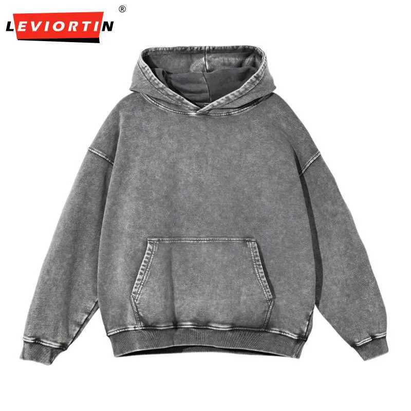 Men's Hoodies Sweatshirts Retro mens heavy-duty 350gsm hooded sweatshirt unisex loose wash cotton hooded sweater jacket hip-hop jacket Q241009