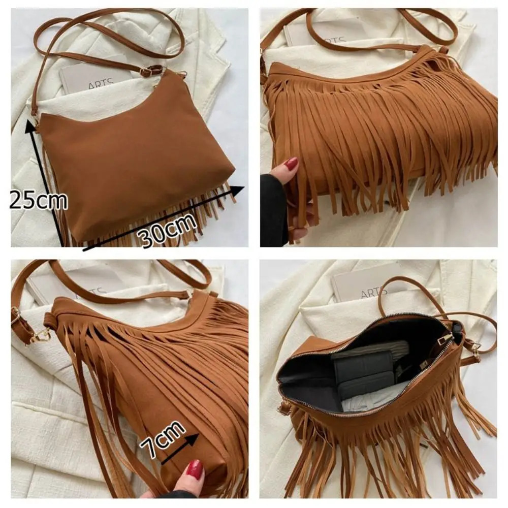 Travel tassel cross body bag shoulder bag with large capacity and edge solid color retro style handbag for women 241008