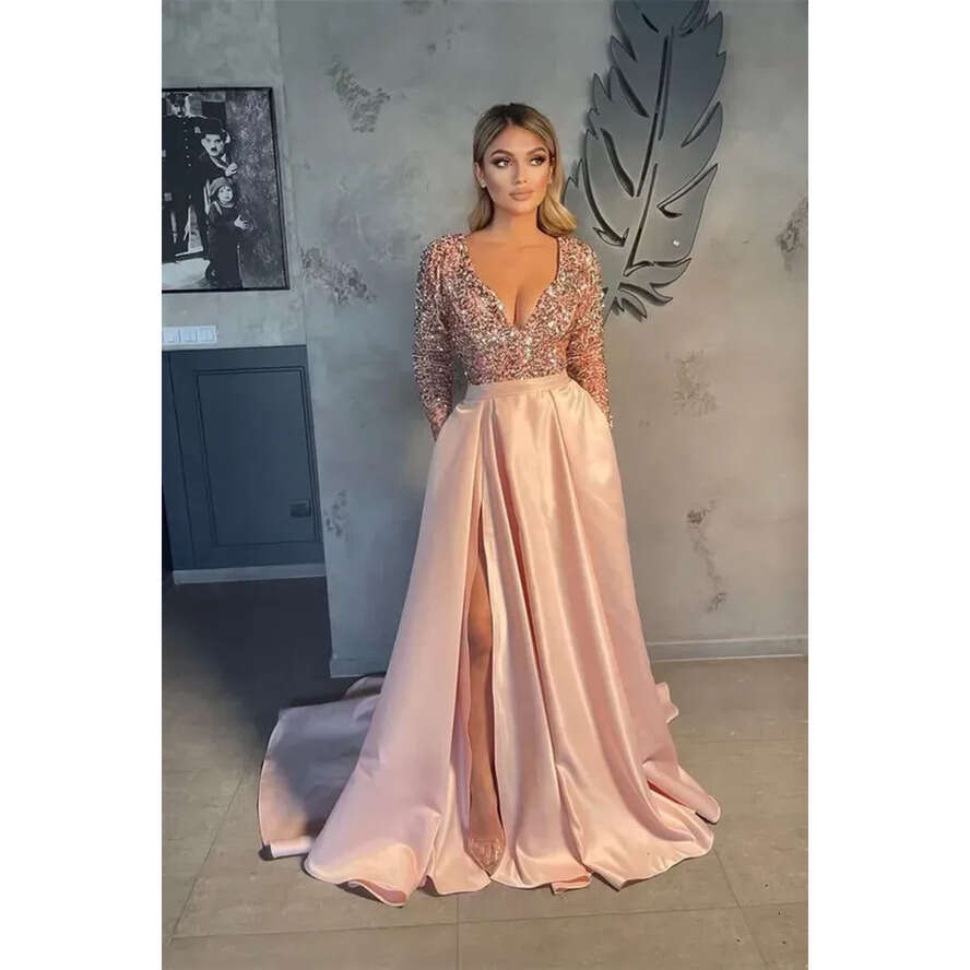 Dresses Blush Pink Prom With Pocket Sexy V Neck A E Split Evening Gowns Bgbg Sequined Top Satin Long Sleeve Vestidos Party Wears Bc15046 Vening Estido