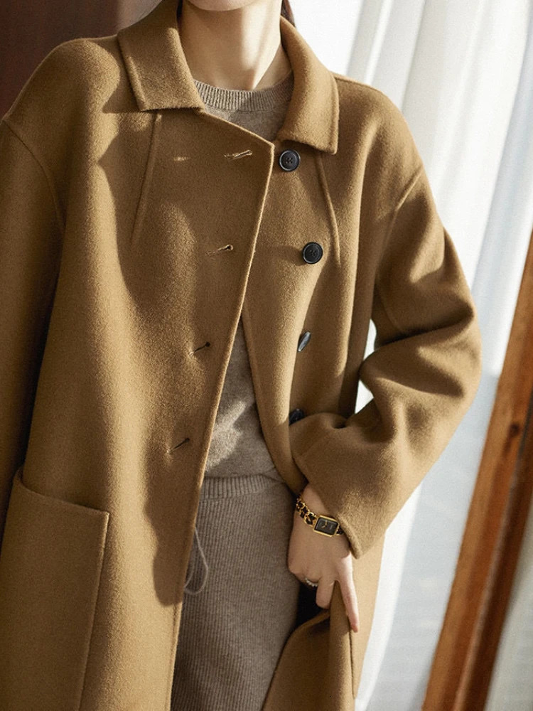 Long Blend Wool Coat Elegant Office Lady Warm Autumn Winter Cozy Simple Loose Fashion Pockets Streetwear 240930
