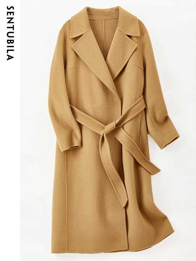 SENTUBILA Women 100% Wool Long Coat 2024 Elegant Notched Belted Straight-cut Warm Double Faced Woolen Winter Overcoat W24O43352X241009