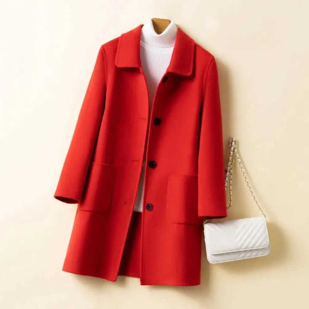Fall Winter Women Woolen Coat Loose Solid Color Thick Cold Resistant Jacket Single-breasted Lapel Mid Length Long Sleeve CoatX241009