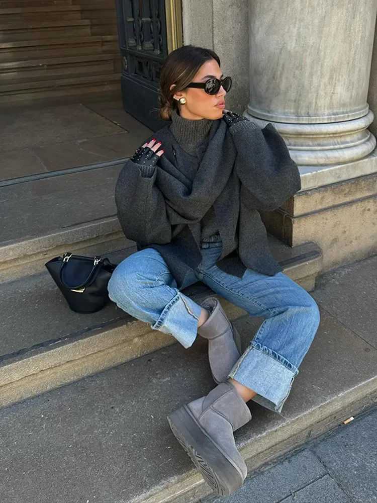 Fashion Scarf Collar Woolen Blends Jackets Women Elegant Long Sleeve Split Hem Loose Short Coats Fashion Autumn Lady OuterwearX241009