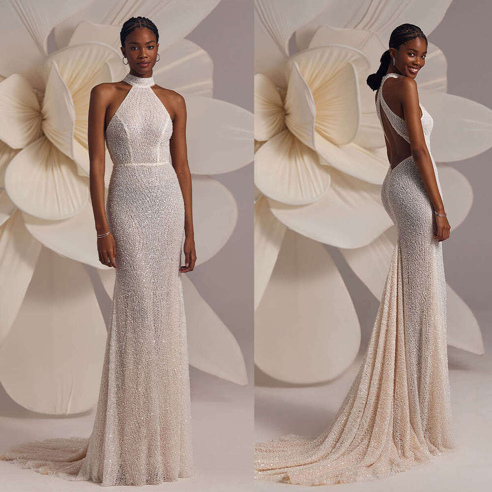 New Arrival Wedding Dress Mermaid Halter Sequined Sleeveless Backless Gorgeous Bride Vestido De Noiva Custom Made