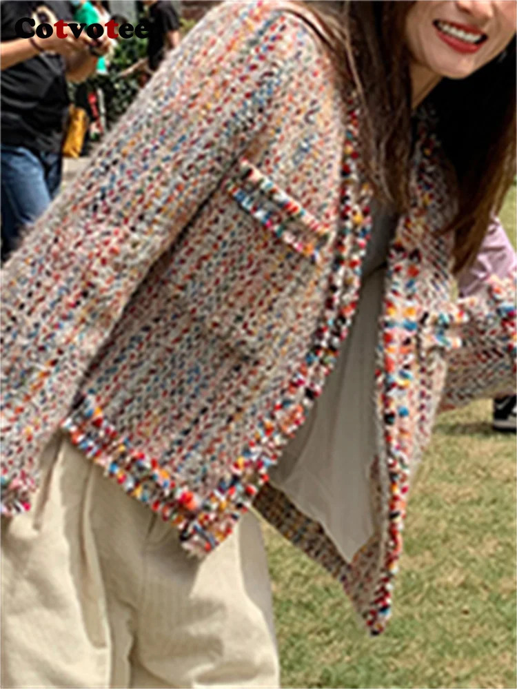 Cotvotee Rainbow Wool Coat Women 2024 Spring Autumn Fashion Long Sleeve Jackets Vintage V Neck Open Stitch Casual Chic Coats 240930