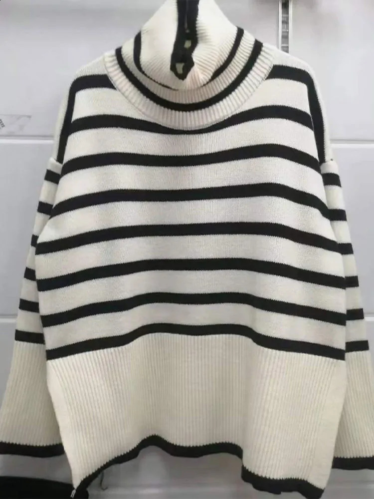 Casual striped sweater for women elegant turtle buckle comparison long sleeved womens zipper autumn winter fashion womens knitting 240927