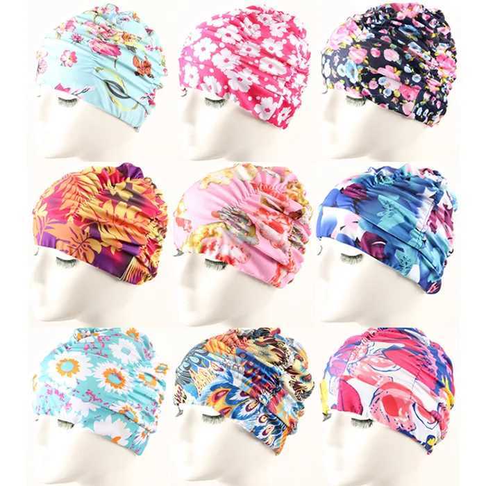 Womens long haired swimming cap pleated shower cap nylon swimming pool fashionable elastic print elastic adult beach CL241009