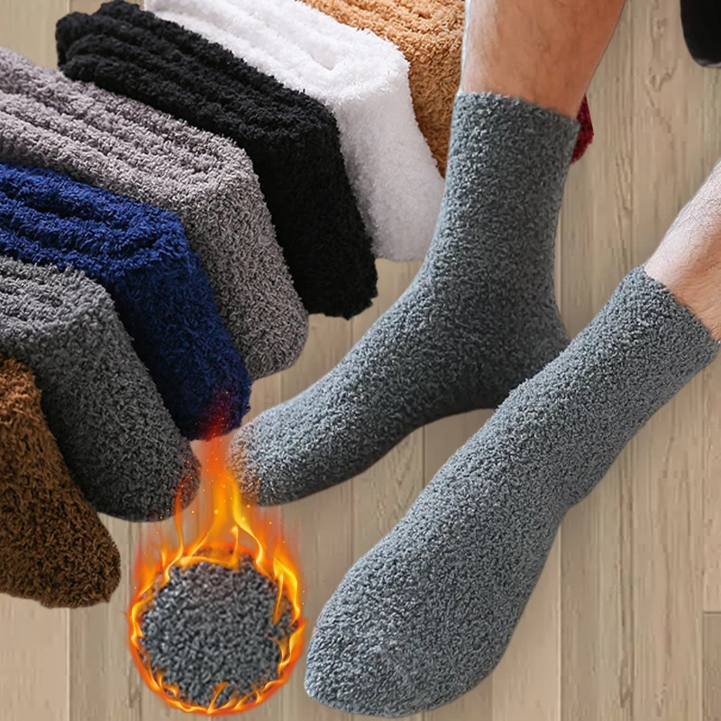 Winter Warm Thick Socks Fashion Coral Fleece Fluffy Solid Color Loose Sleep Mens Short Bed Shorts High Quality Calcium 241009