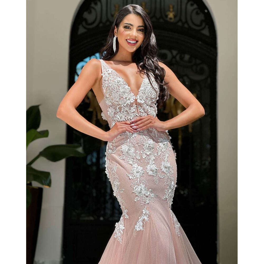 Beautiful Pink Dresses Mermaid V-Neck Strap Appliques wers Lace or-Length Princess Bride Wedding Dress Custom Made