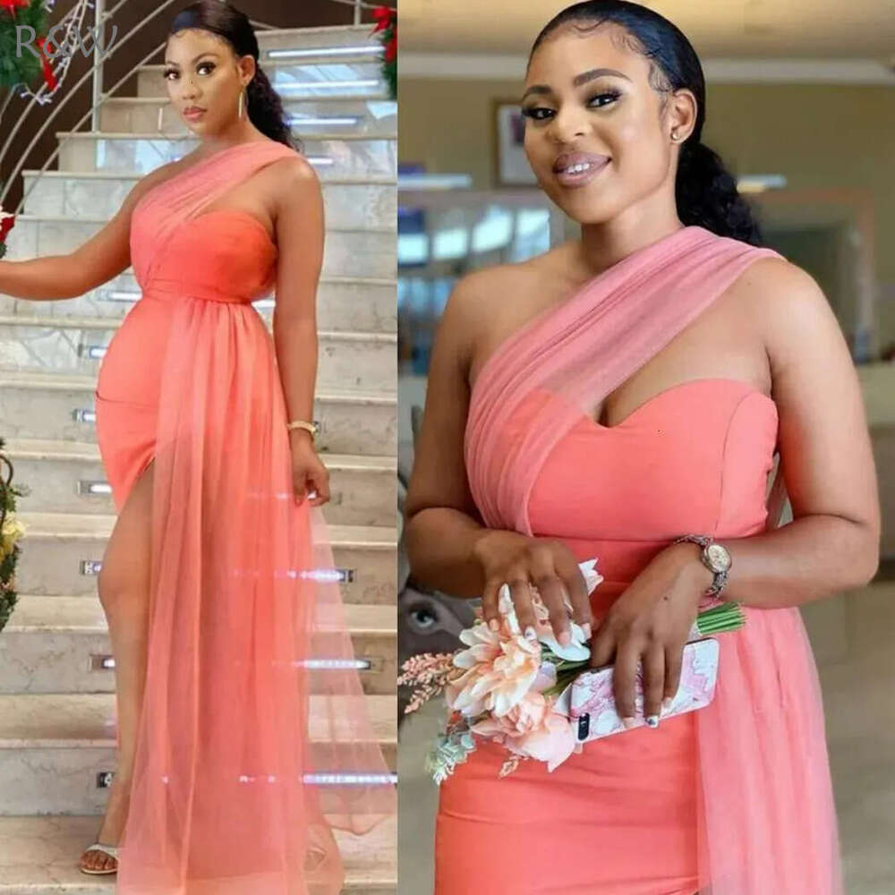 R&W Waterlemon Bridesmaid Dresses Mermaid One Shoulder High Split Tulle Maid of Honor Elastic Satin Bride Gowns for African Black Women Girls Marriage