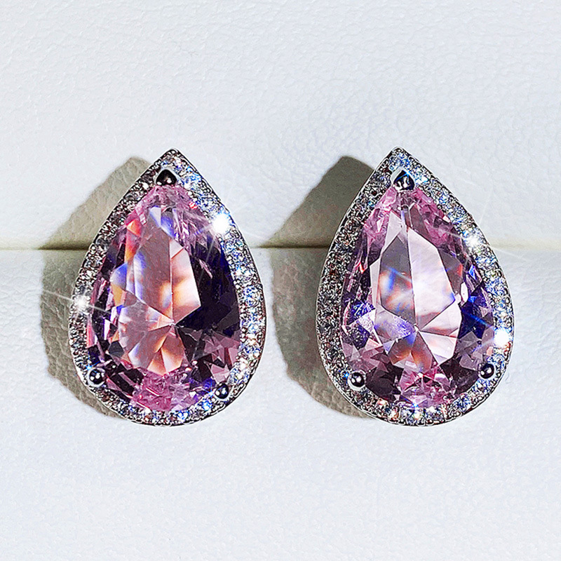 Luxury 925 Sterling Silver Diamond Earrings Classic Water Drop Pink Zircon Stud Earrings Sparkling Crystal Stud Wedding Party Jewelry Valentine's