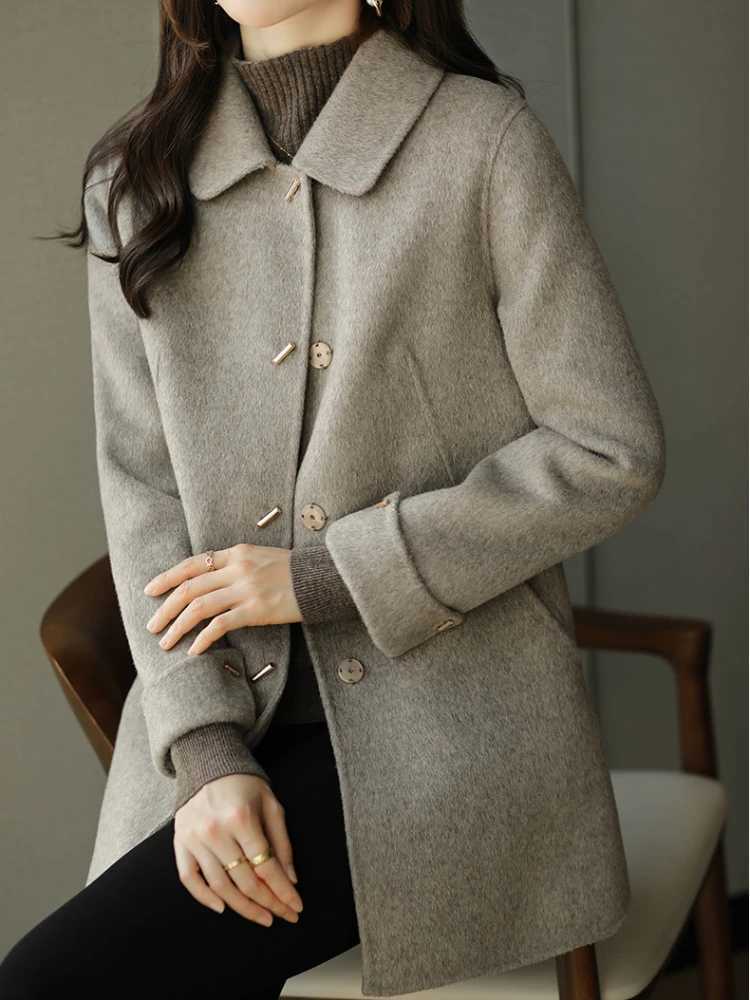 Woolen Coat Slim Fashion Office Lady Square Collar Single Breasted Winter Coats for Women 2024 Wide-waisted Pocket Black CoatX241009