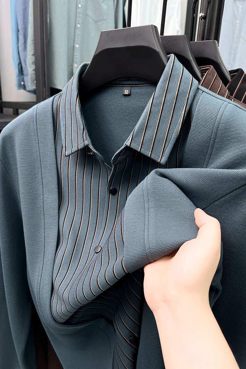Fashion patchwork shirt collar knitted cardigan sweater mens autumn and winter high-end Korean striped casual sweater jacket 241007