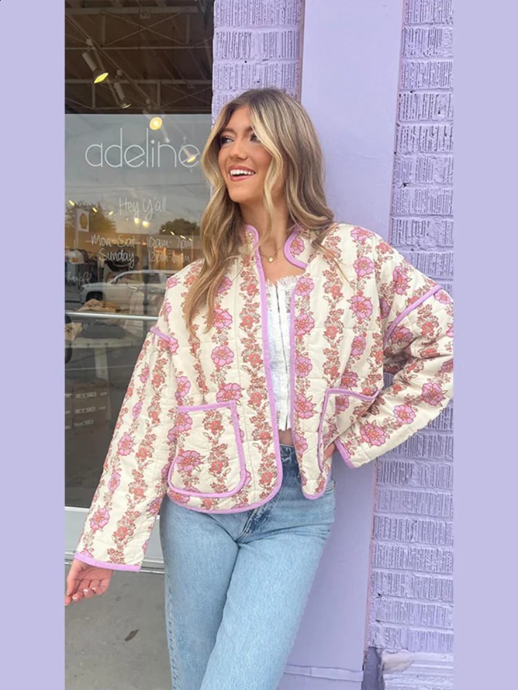 Casual printed womens cotton coat elegant stand up collar casual jacket womens quilted jacket autumn and winter top 241007